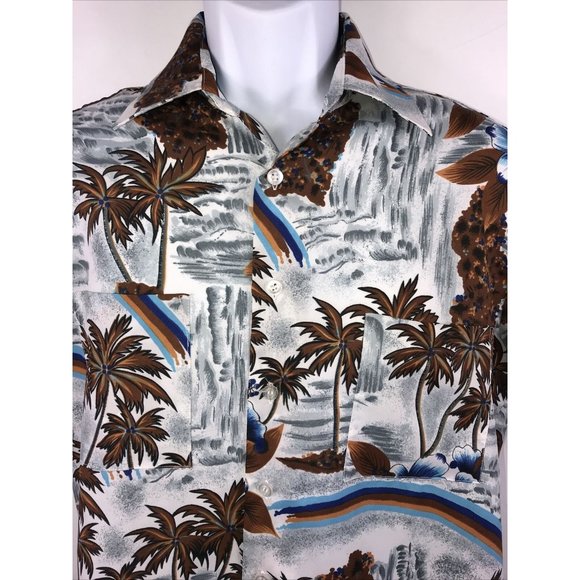 Vtg 80's? Men's Van Cort Gray Blue Brown Palms Hawaiian Short Slv Shirt Medium M - Picture 4 of 6